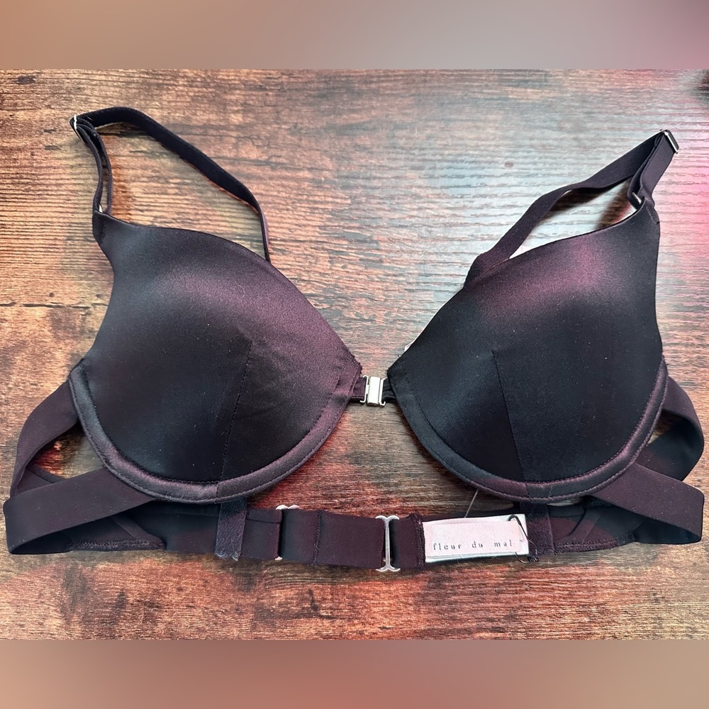 NWT Fleur Du Mal Satin‎ front-close bra black 34B - Picture 5 of 10